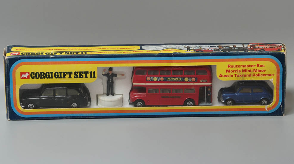 Corgi GS11 Routemaster bus,Morris mini Austin taxi and police man