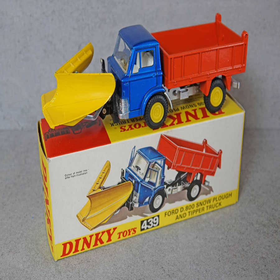 Dinky 439 Ford D800 Snow Plough & Tipper Truck Metallic Blue - Orange Yellow Plastic Wheels