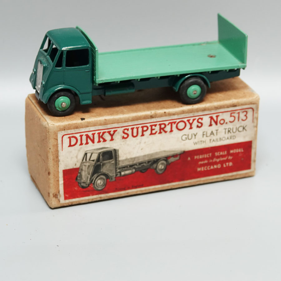 Dinky 513 Guy flat truck with tail board two tone green buff box